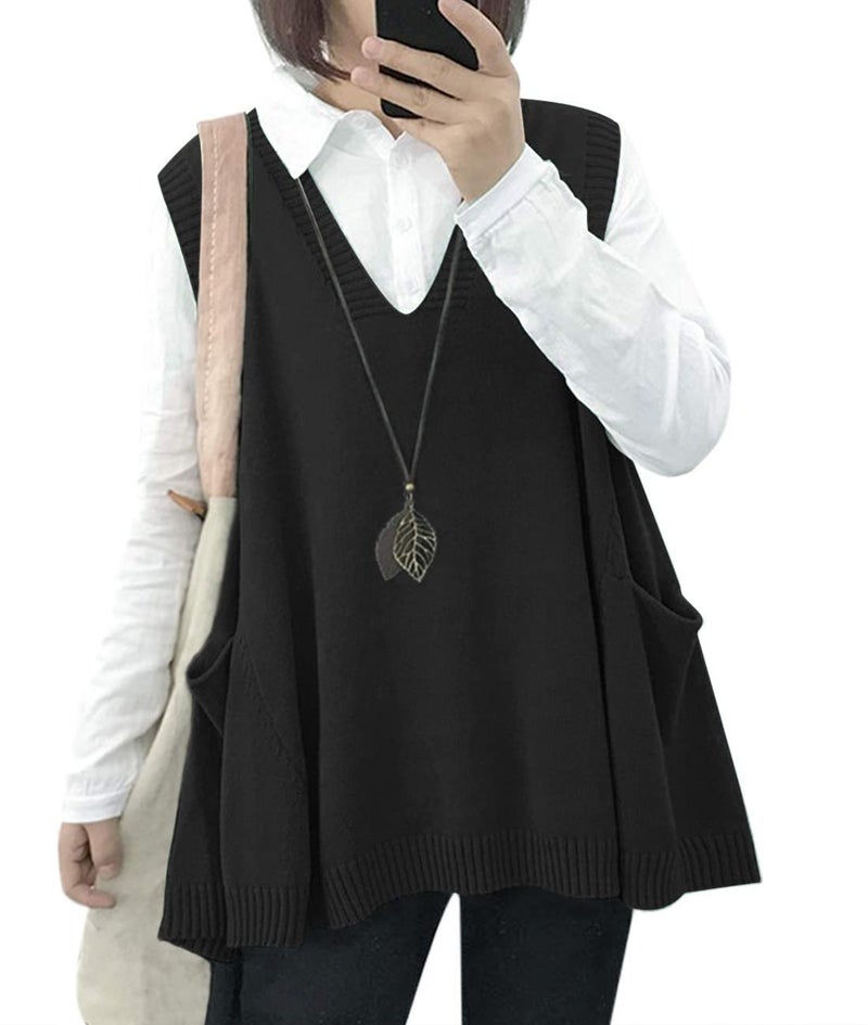 YESNO Sweater Vest Women Loose Swing Cotton Cute Oversized Knit Pullover Sleeveless Sweater Tops with Drop Pockets L WM9 Black - Image 1